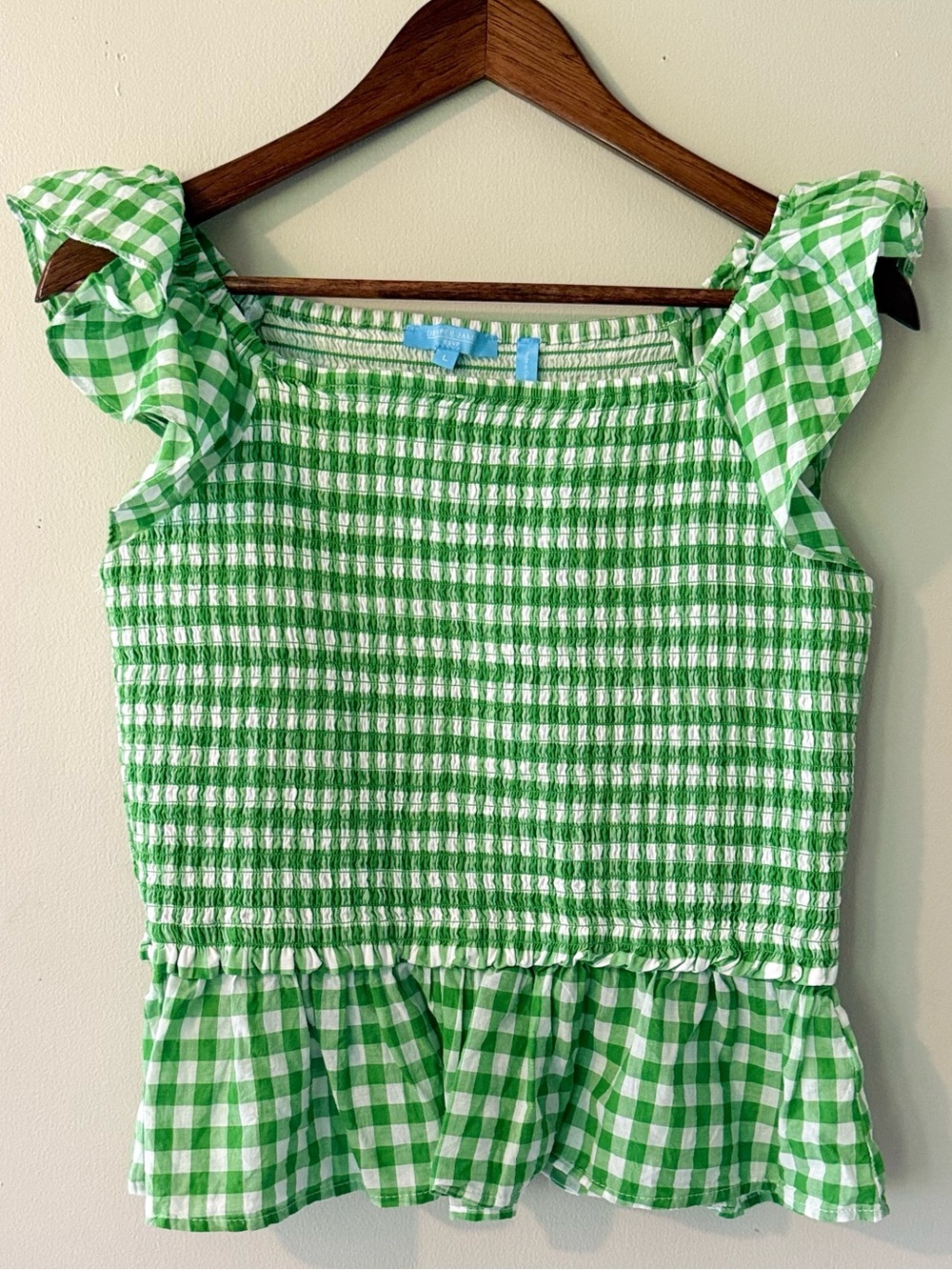 Draper James Gingham Smocked Peplum Top Green White Size L Cotton Cottagecore
